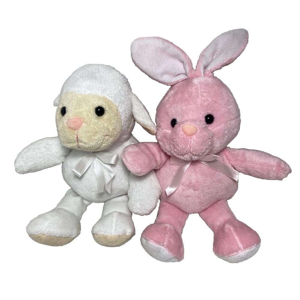 Easter Plush Lot of 2 White  Lamb and Pink Bunny 10 inch Unbranded